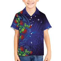 Matariki New Zealand Maori and Pohutukawa Family Matching Puletasi and Hawaiian Shirt Galaxy Blue Sky Style LT03 Son's Shirt Blue - Polynesian Pride