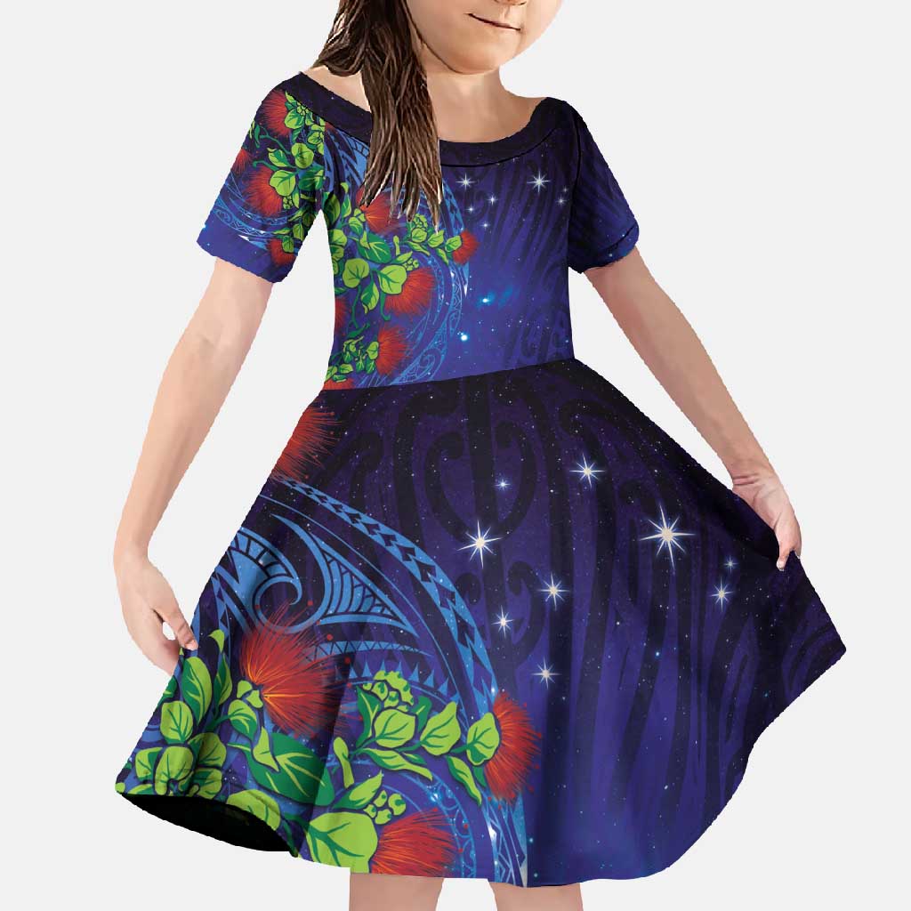 Matariki New Zealand Maori and Pohutukawa Family Matching Tank Maxi Dress and Hawaiian Shirt Galaxy Blue Sky Style