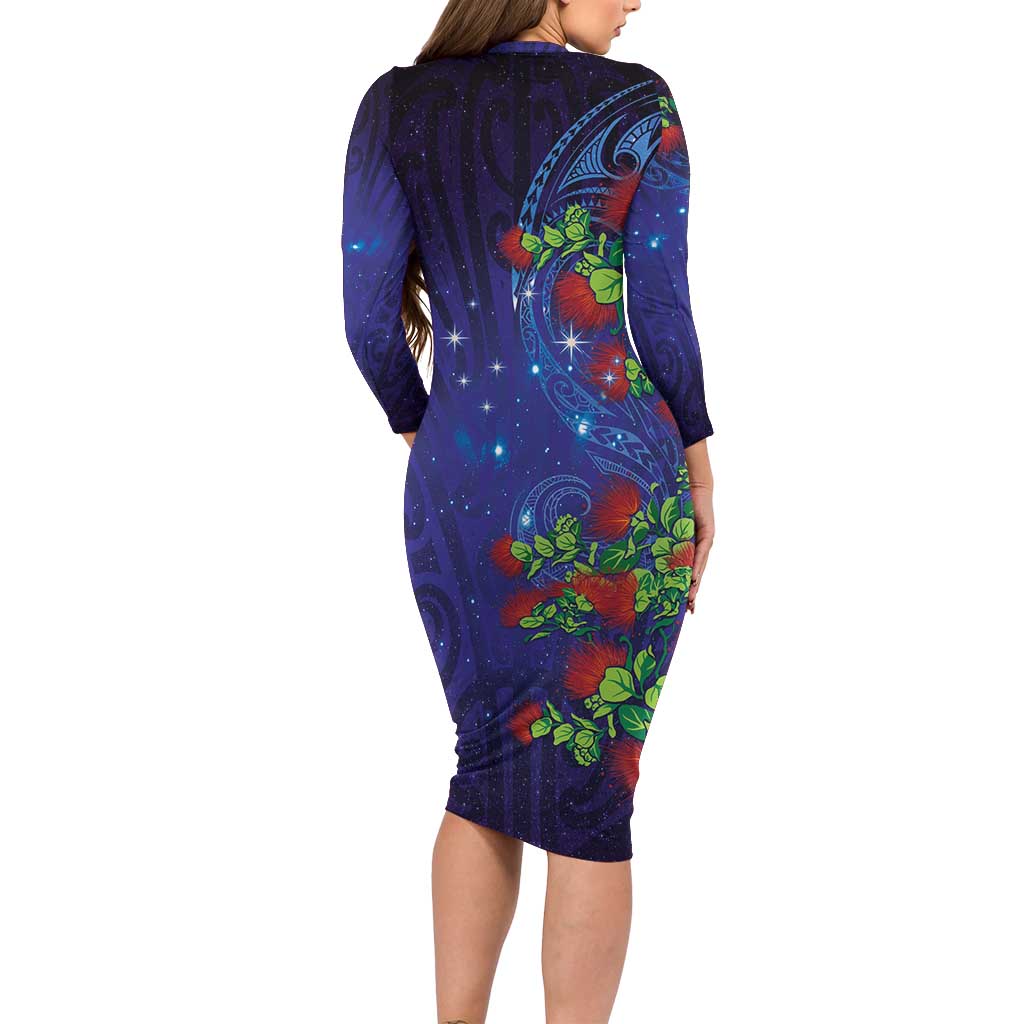 Matariki New Zealand Maori and Pohutukawa Long Sleeve Bodycon Dress Galaxy Blue Sky Style