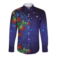 Matariki New Zealand Maori and Pohutukawa Long Sleeve Button Shirt Galaxy Blue Sky Style LT03 Unisex Blue - Polynesian Pride