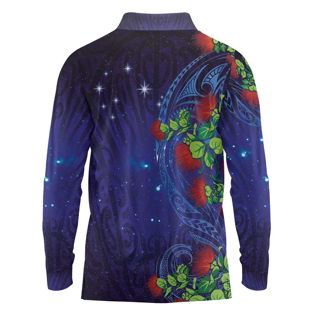 Matariki New Zealand Maori and Pohutukawa Long Sleeve Polo Shirt Galaxy Blue Sky Style LT03 - Polynesian Pride