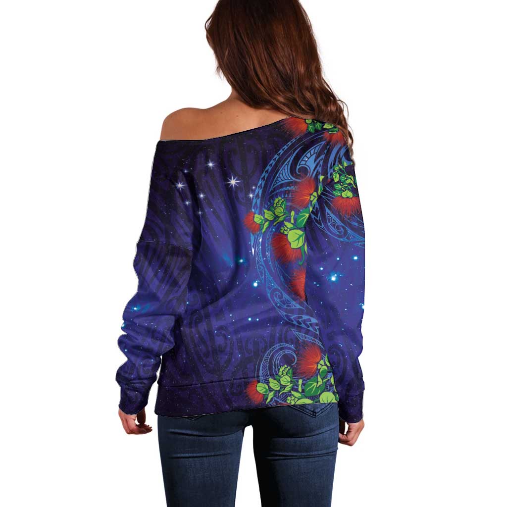 Matariki New Zealand Maori and Pohutukawa Off Shoulder Sweater Galaxy Blue Sky Style LT03 - Polynesian Pride