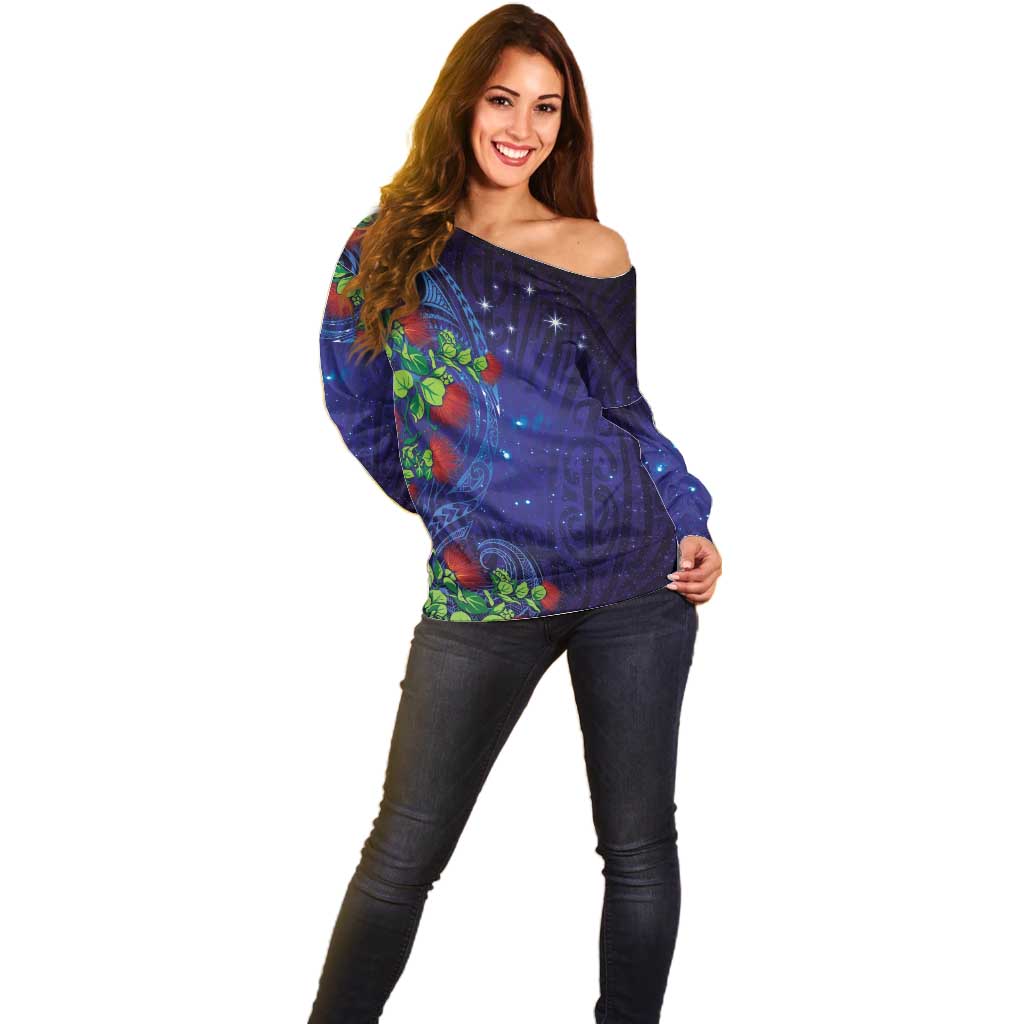 Matariki New Zealand Maori and Pohutukawa Off Shoulder Sweater Galaxy Blue Sky Style LT03 - Polynesian Pride