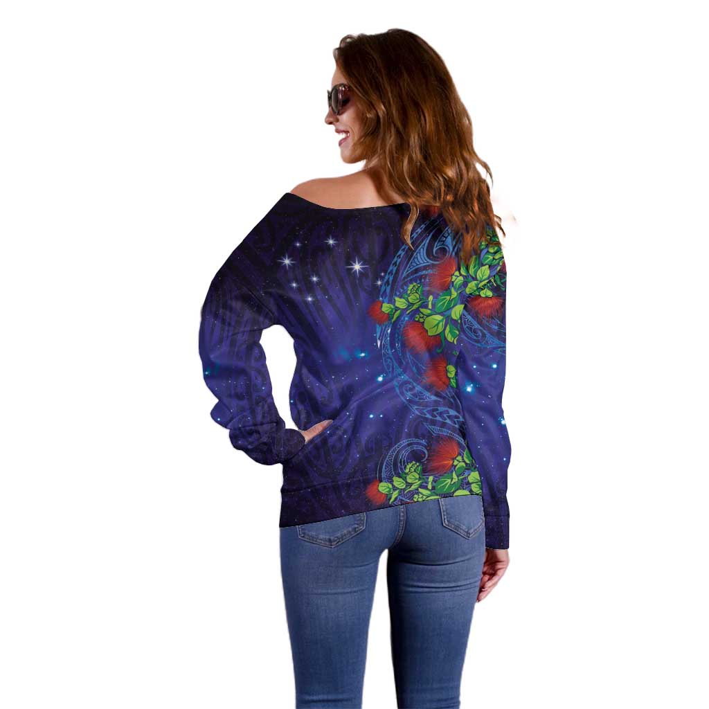 Matariki New Zealand Maori and Pohutukawa Off Shoulder Sweater Galaxy Blue Sky Style LT03 - Polynesian Pride