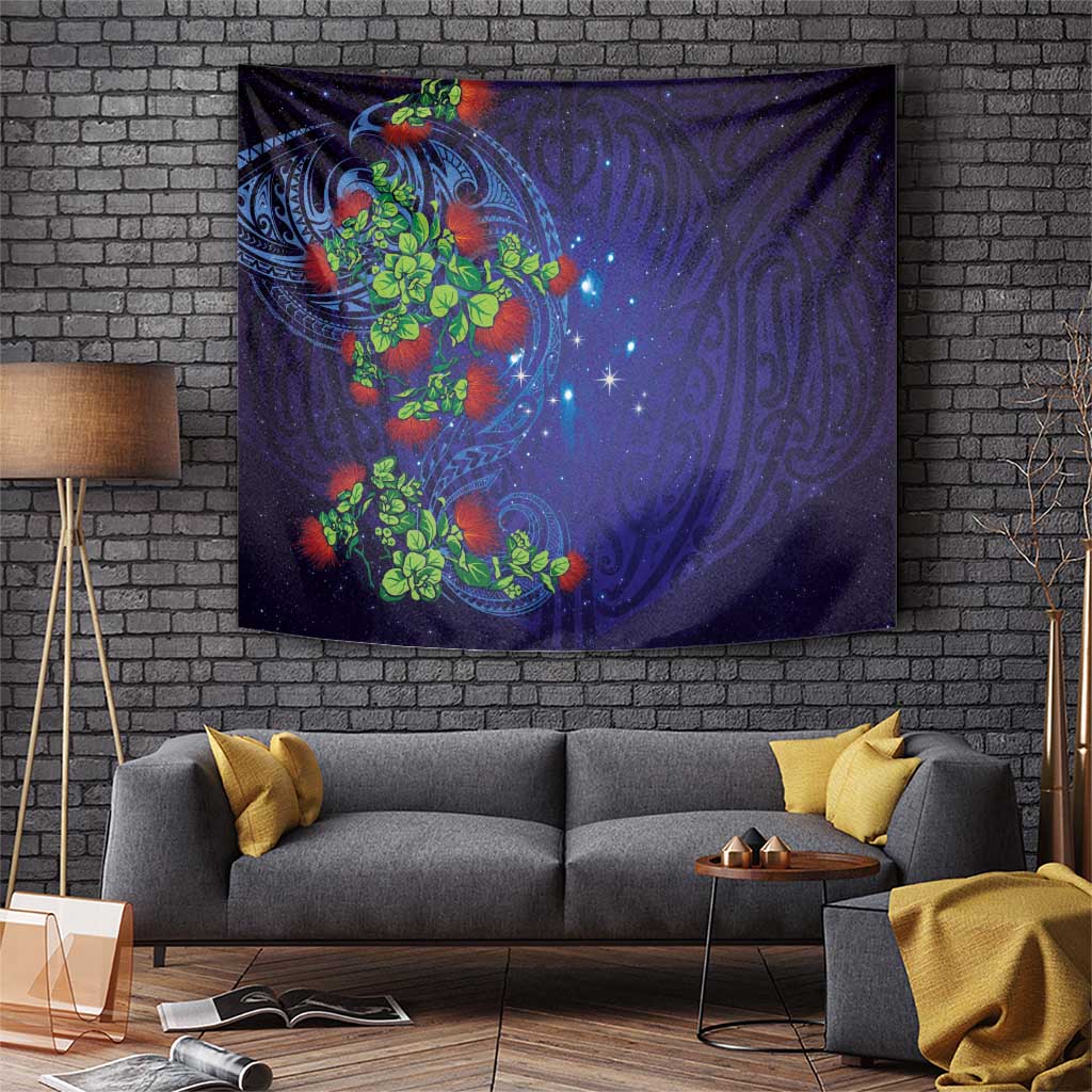 Matariki New Zealand Maori and Pohutukawa Tapestry Galaxy Blue Sky Style