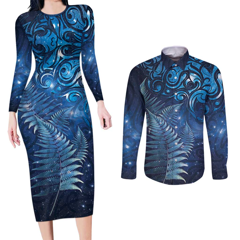 Matariki New Zealand Maori Silver Fern Couples Matching Long Sleeve Bodycon Dress and Long Sleeve Button Shirt Galaxy Blue Sky Style