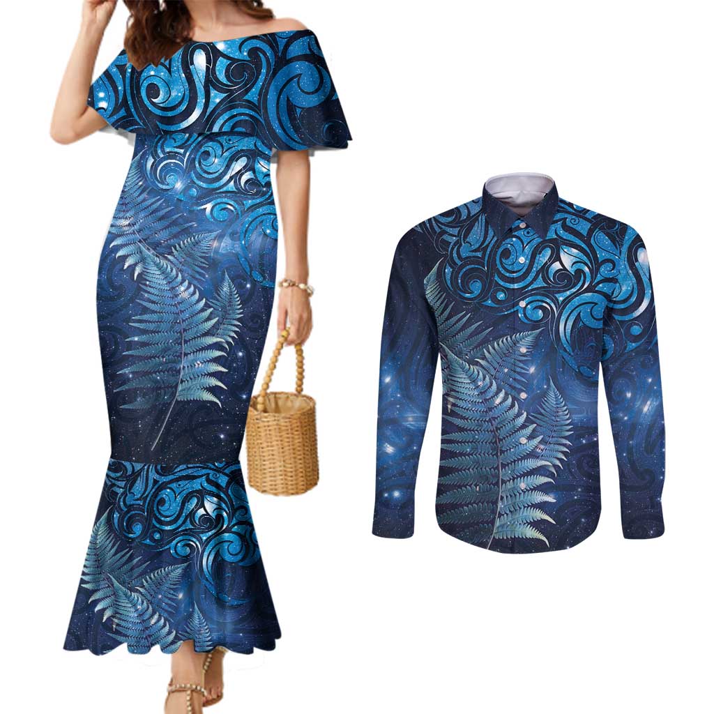 Matariki New Zealand Maori Silver Fern Couples Matching Mermaid Dress and Long Sleeve Button Shirt Galaxy Blue Sky Style