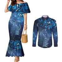 Matariki New Zealand Maori Silver Fern Couples Matching Mermaid Dress and Long Sleeve Button Shirt Galaxy Blue Sky Style