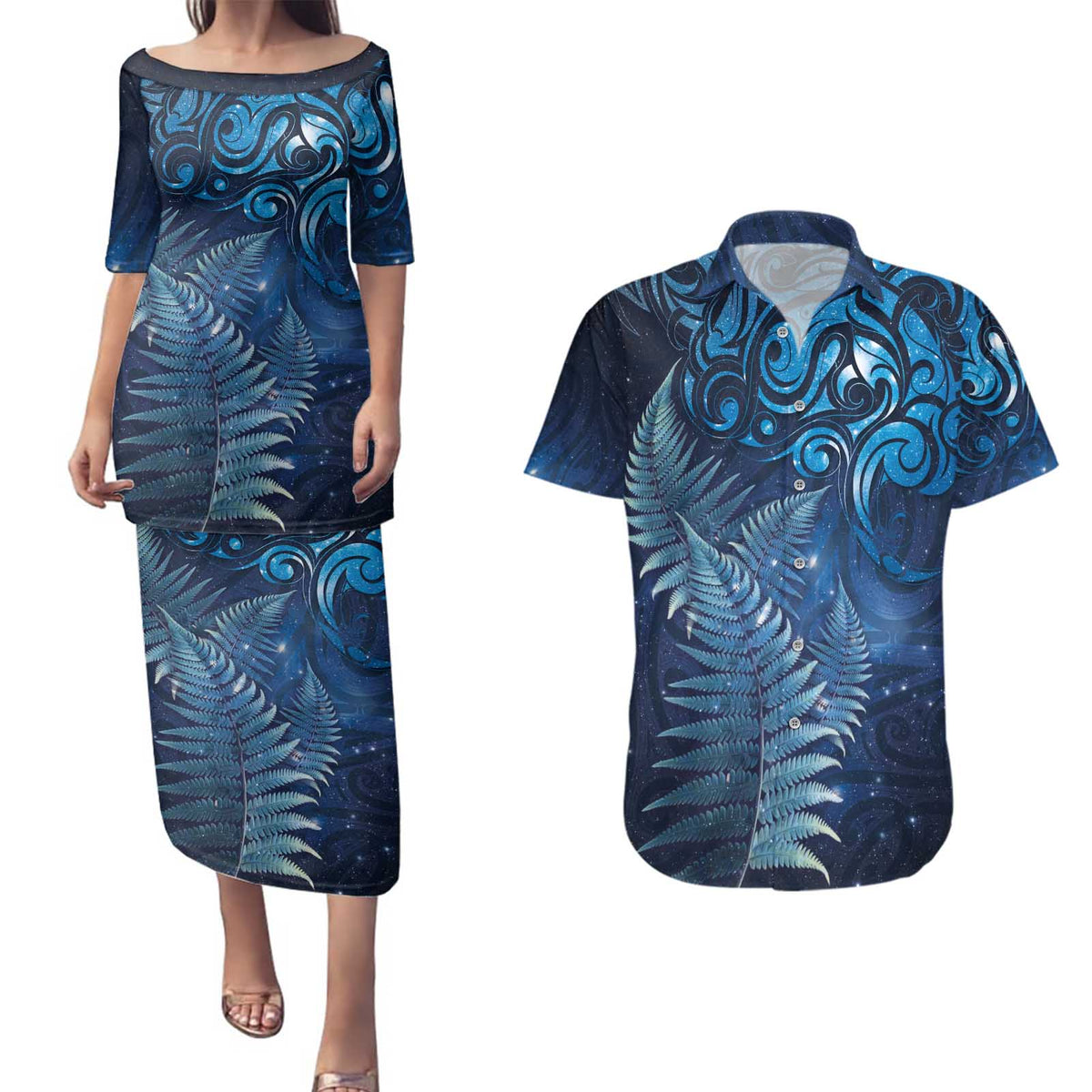 Matariki New Zealand Maori Silver Fern Couples Matching Puletasi and Hawaiian Shirt Galaxy Blue Sky Style
