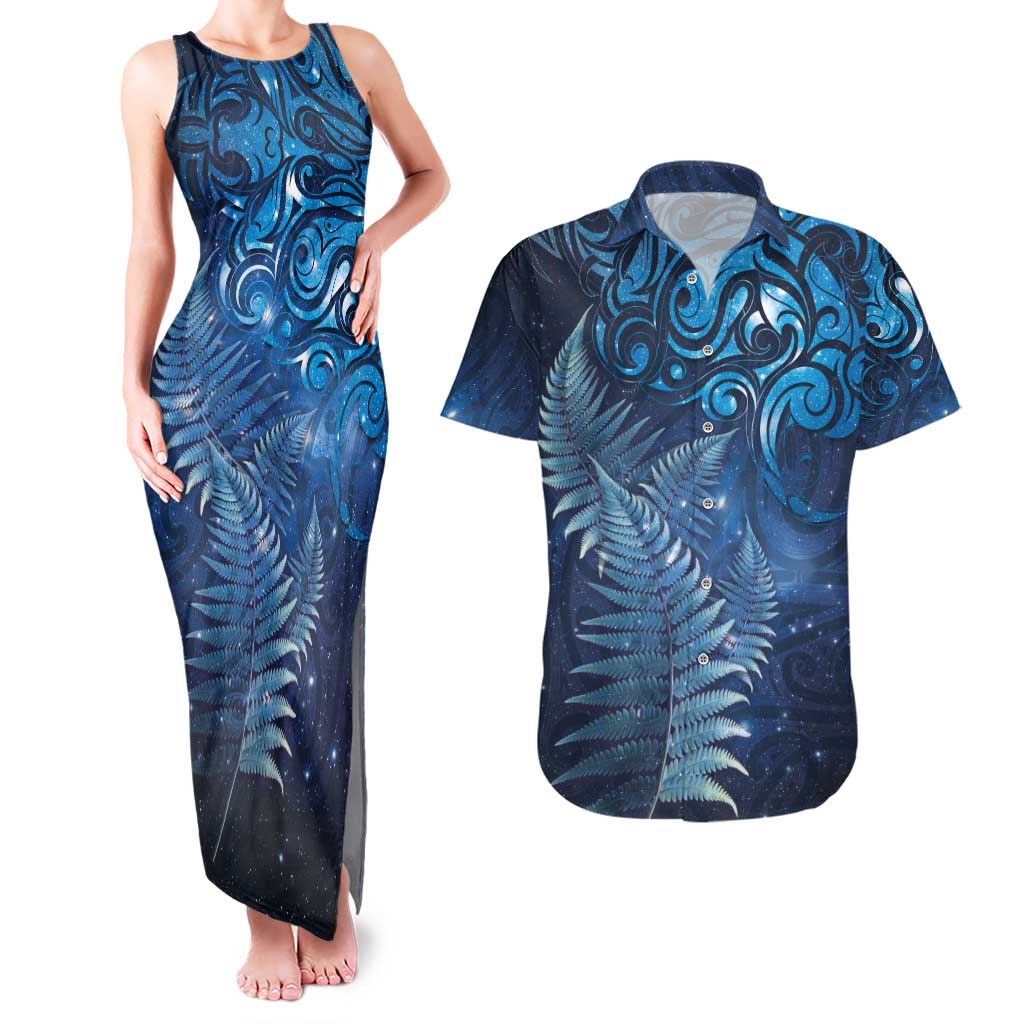 Matariki New Zealand Maori Silver Fern Couples Matching Tank Maxi Dress and Hawaiian Shirt Galaxy Blue Sky Style LT03 Blue - Polynesian Pride