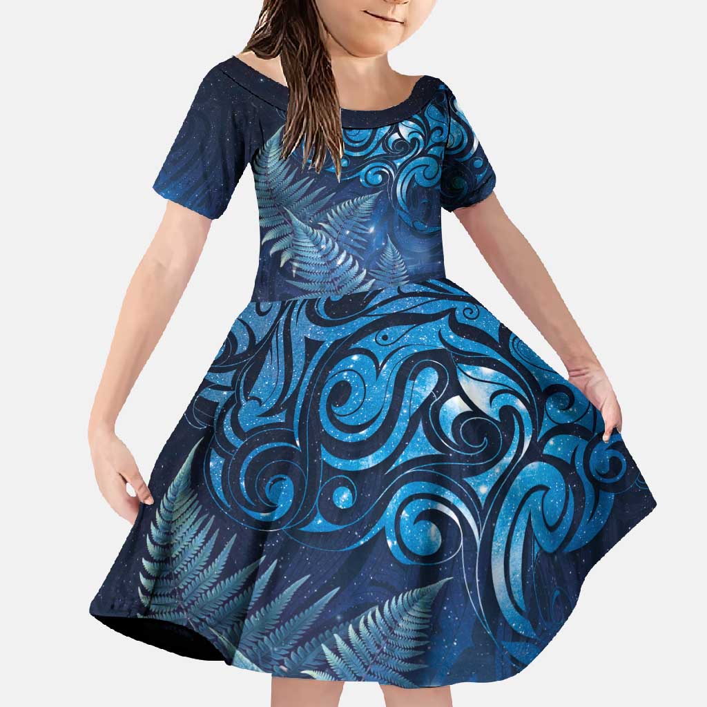 Matariki New Zealand Maori Silver Fern Family Matching Long Sleeve Bodycon Dress and Hawaiian Shirt Galaxy Blue Sky Style LT03 Daughter's Dress Blue - Polynesian Pride