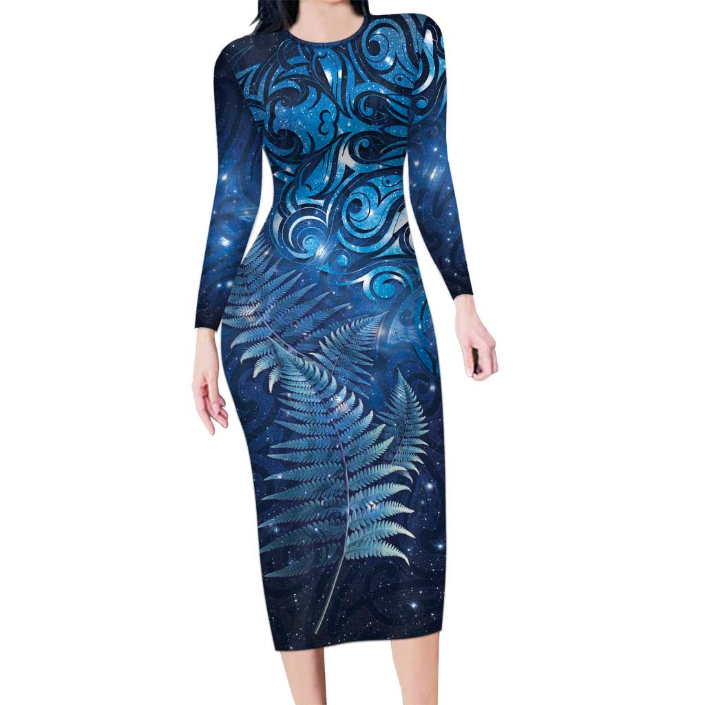 Matariki New Zealand Maori Silver Fern Family Matching Long Sleeve Bodycon Dress and Hawaiian Shirt Galaxy Blue Sky Style LT03 Mom's Dress Blue - Polynesian Pride