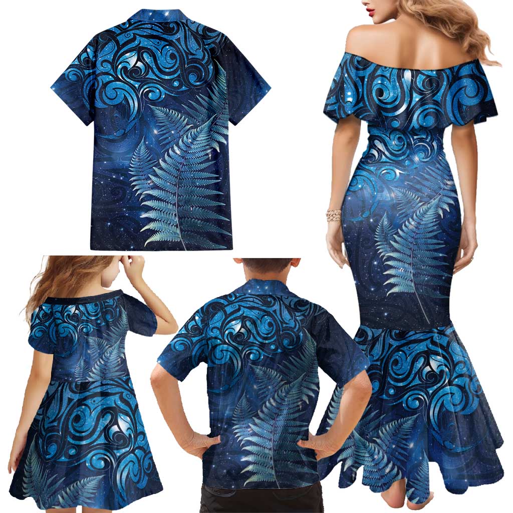 Matariki New Zealand Maori Silver Fern Family Matching Mermaid Dress and Hawaiian Shirt Galaxy Blue Sky Style LT03 - Polynesian Pride
