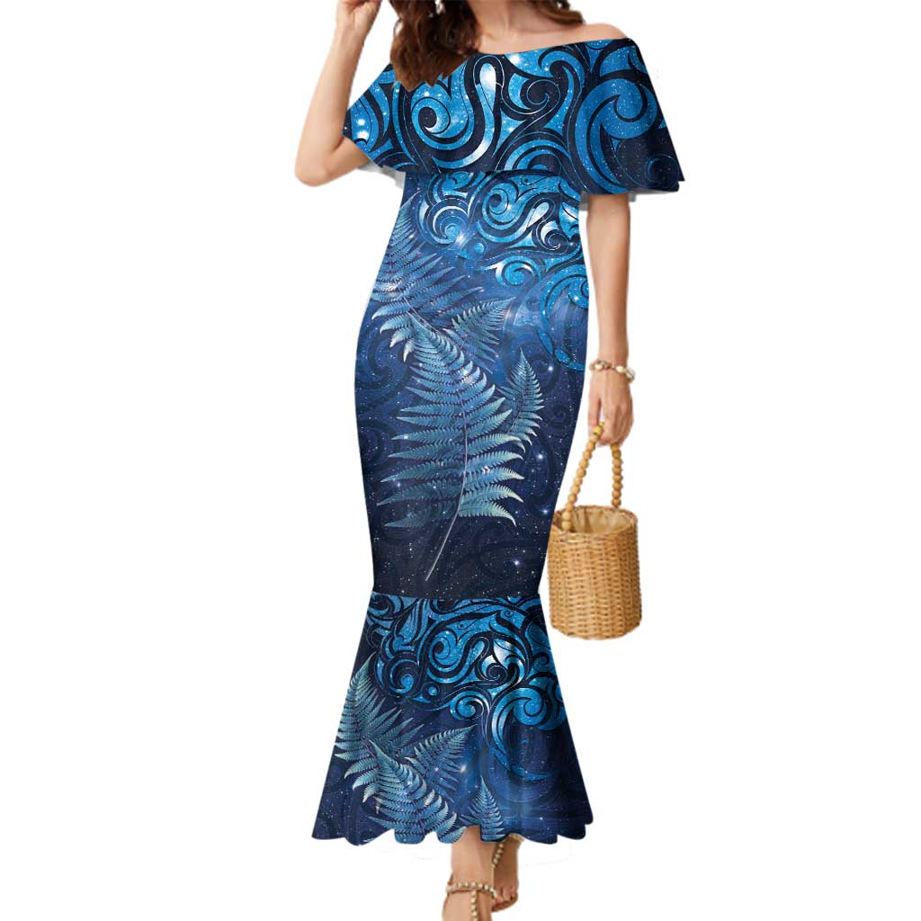 Matariki New Zealand Maori Silver Fern Family Matching Mermaid Dress and Hawaiian Shirt Galaxy Blue Sky Style LT03 Mom's Dress Blue - Polynesian Pride