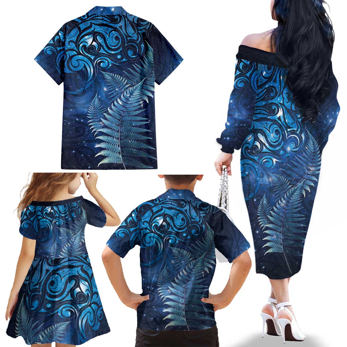 Matariki New Zealand Maori Silver Fern Family Matching Off The Shoulder Long Sleeve Dress and Hawaiian Shirt Galaxy Blue Sky Style