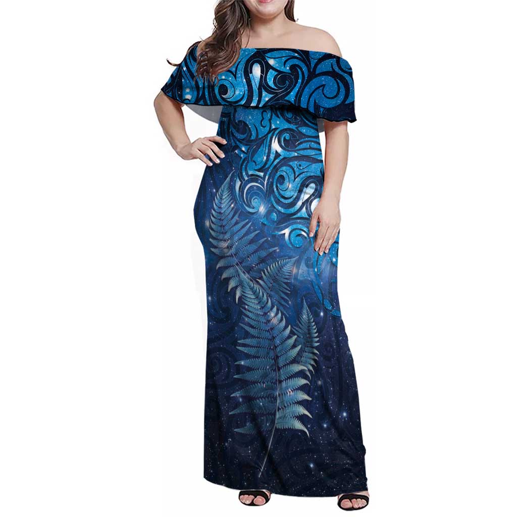 Matariki New Zealand Maori Silver Fern Family Matching Off Shoulder Maxi Dress and Hawaiian Shirt Galaxy Blue Sky Style
