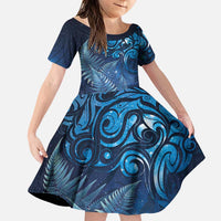Matariki New Zealand Maori Silver Fern Family Matching Puletasi and Hawaiian Shirt Galaxy Blue Sky Style LT03 Daughter's Dress Blue - Polynesian Pride