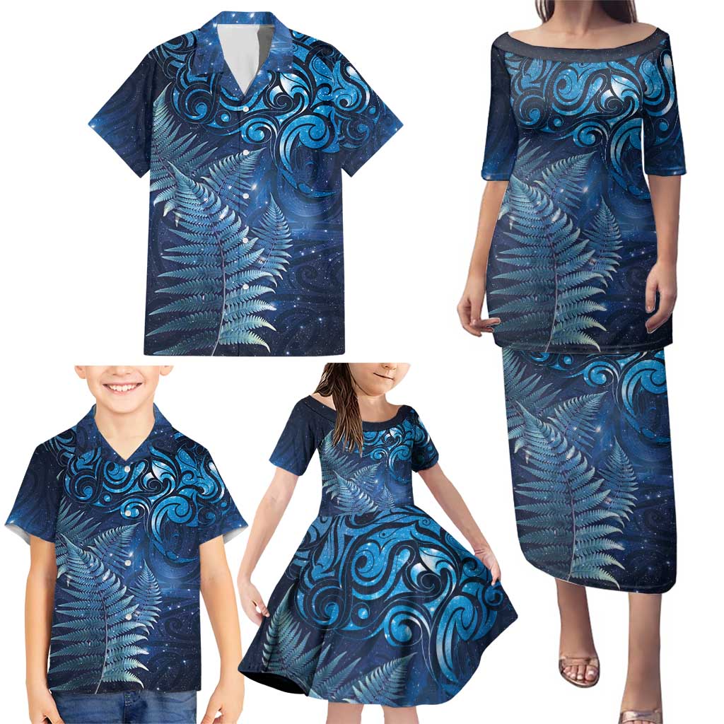 Matariki New Zealand Maori Silver Fern Family Matching Puletasi and Hawaiian Shirt Galaxy Blue Sky Style