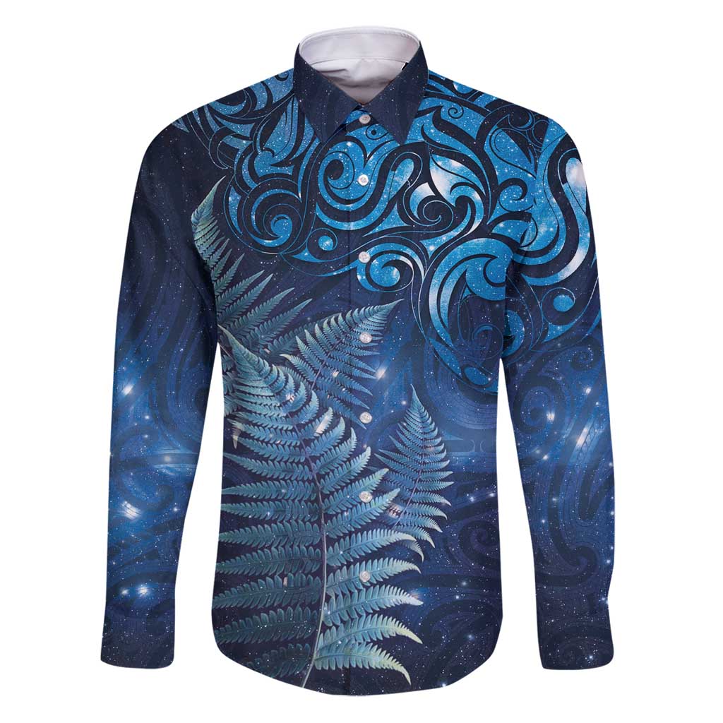 Matariki New Zealand Maori Silver Fern Family Matching Puletasi and Hawaiian Shirt Galaxy Blue Sky Style LT03 Dad's Shirt - Long Sleeve Blue - Polynesian Pride