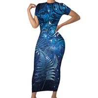 Matariki New Zealand Maori Silver Fern Family Matching Short Sleeve Bodycon Dress and Hawaiian Shirt Galaxy Blue Sky Style LT03 Mom's Dress Blue - Polynesian Pride