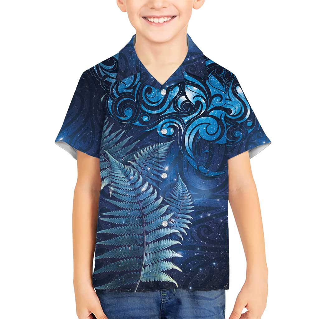 Matariki New Zealand Maori Silver Fern Family Matching Short Sleeve Bodycon Dress and Hawaiian Shirt Galaxy Blue Sky Style LT03 Son's Shirt Blue - Polynesian Pride