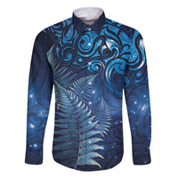 Matariki New Zealand Maori Silver Fern Family Matching Summer Maxi Dress and Hawaiian Shirt Galaxy Blue Sky Style LT03 Dad's Shirt - Long Sleeve Blue - Polynesian Pride