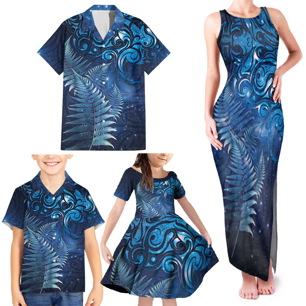 Matariki New Zealand Maori Silver Fern Family Matching Tank Maxi Dress and Hawaiian Shirt Galaxy Blue Sky Style LT03 - Polynesian Pride
