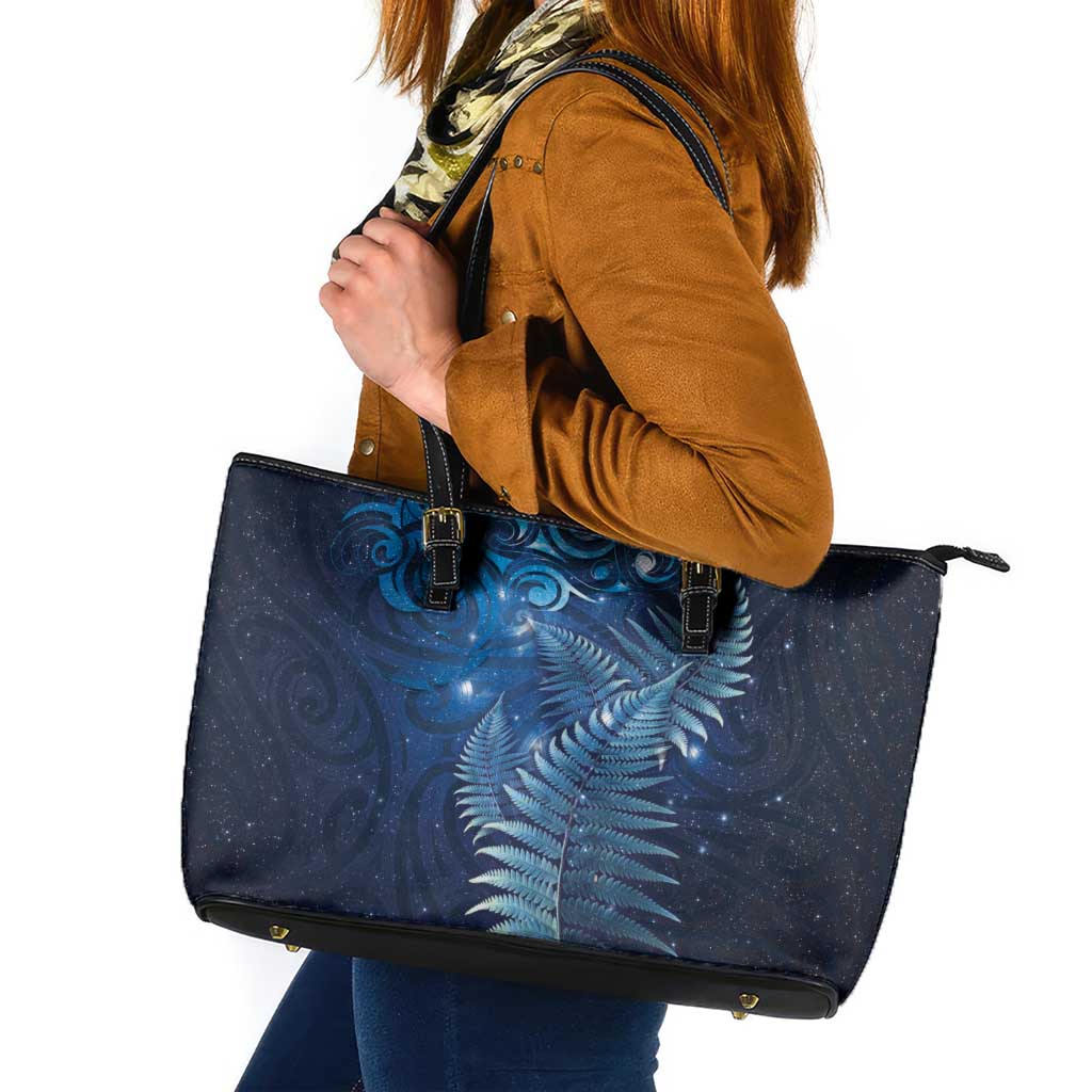 Matariki New Zealand Maori Silver Fern Leather Tote Bag Galaxy Blue Sky Style LT03 Blue - Polynesian Pride
