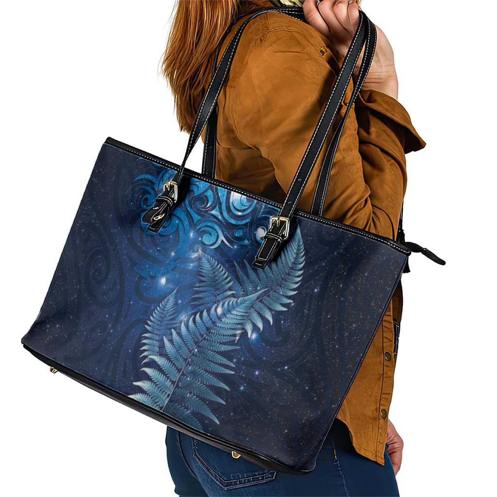 Matariki New Zealand Maori Silver Fern Leather Tote Bag Galaxy Blue Sky Style LT03 - Polynesian Pride