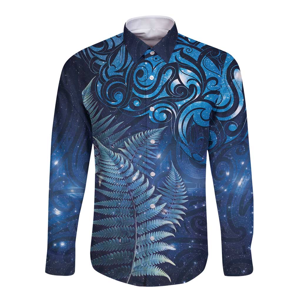 Matariki New Zealand Maori Silver Fern Long Sleeve Button Shirt Galaxy Blue Sky Style LT03 Unisex Blue - Polynesian Pride