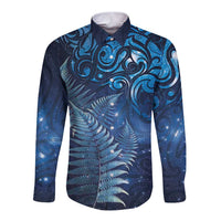 Matariki New Zealand Maori Silver Fern Long Sleeve Button Shirt Galaxy Blue Sky Style LT03 Unisex Blue - Polynesian Pride