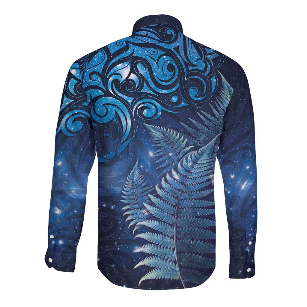 Matariki New Zealand Maori Silver Fern Long Sleeve Button Shirt Galaxy Blue Sky Style LT03 - Polynesian Pride