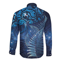 Matariki New Zealand Maori Silver Fern Long Sleeve Button Shirt Galaxy Blue Sky Style LT03 - Polynesian Pride
