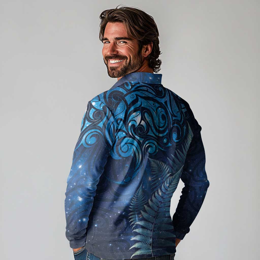 Matariki New Zealand Maori Silver Fern Long Sleeve Polo Shirt Galaxy Blue Sky Style LT03 - Polynesian Pride