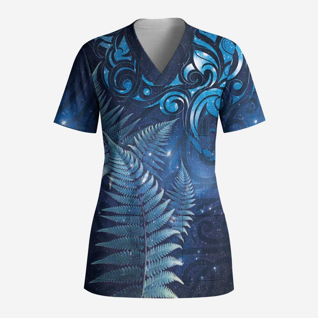 Matariki New Zealand Maori Silver Fern Scrub Top Galaxy Blue Sky Style - Polynesian Pride