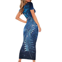 Matariki New Zealand Maori Silver Fern Short Sleeve Bodycon Dress Galaxy Blue Sky Style