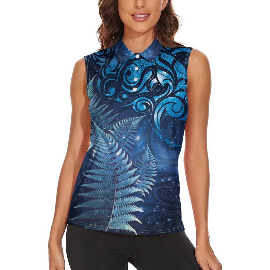 Matariki New Zealand Maori Silver Fern Women Sleeveless Polo Shirt Galaxy Blue Sky Style LT03 - Polynesian Pride