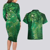 Matariki New Zealand Maori Silver Fern Couples Matching Long Sleeve Bodycon Dress and Hawaiian Shirt Galaxy Green Sky Style LT03 - Polynesian Pride