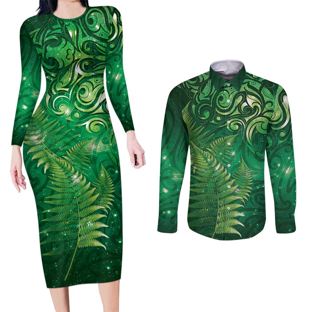 Matariki New Zealand Maori Silver Fern Couples Matching Long Sleeve Bodycon Dress and Long Sleeve Button Shirt Galaxy Green Sky Style LT03 Green - Polynesian Pride