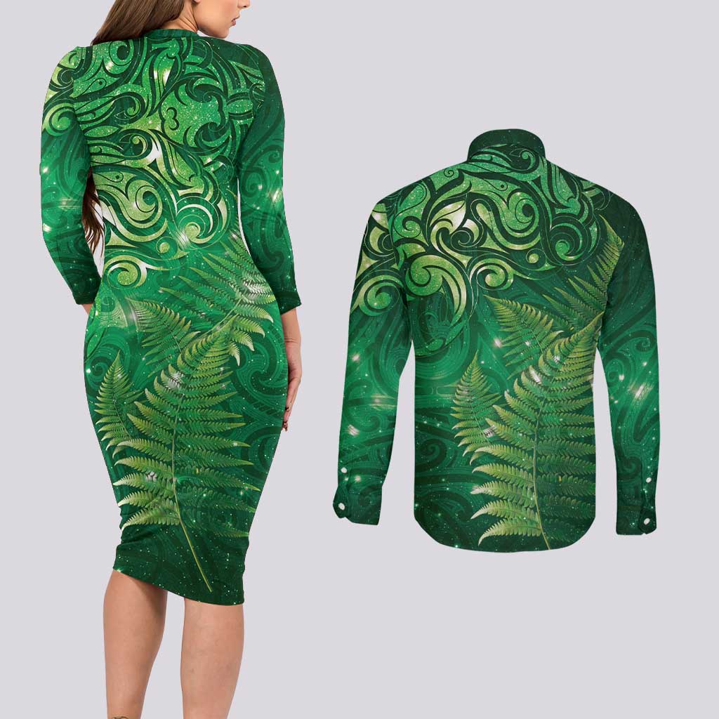 Matariki New Zealand Maori Silver Fern Couples Matching Long Sleeve Bodycon Dress and Long Sleeve Button Shirt Galaxy Green Sky Style LT03 - Polynesian Pride