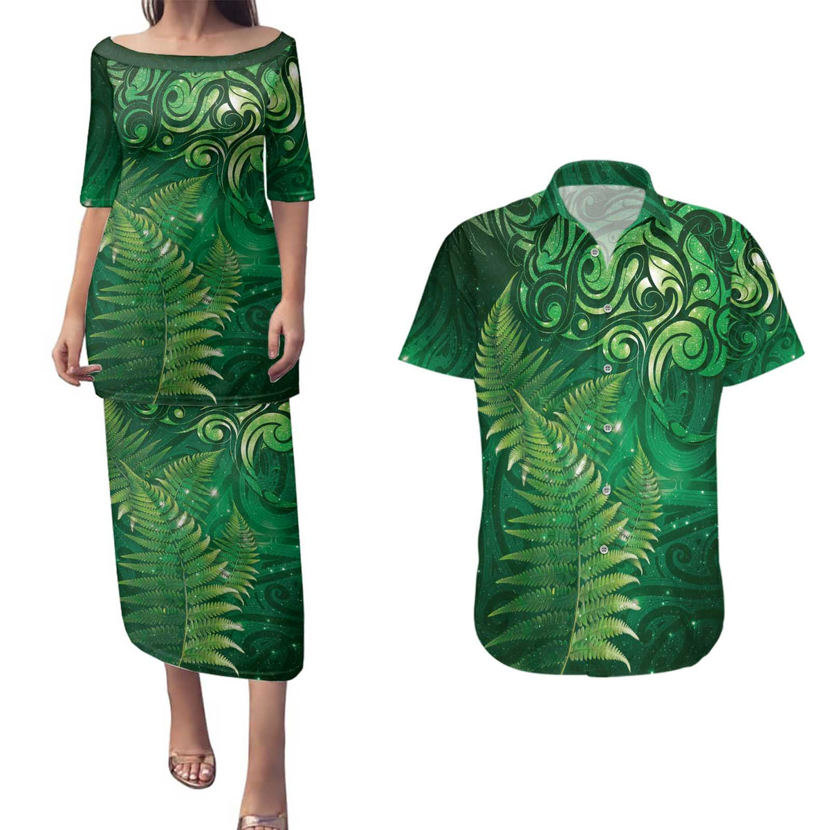 Matariki New Zealand Maori Silver Fern Couples Matching Puletasi and Hawaiian Shirt Galaxy Green Sky Style LT03 Green - Polynesian Pride