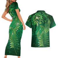 Matariki New Zealand Maori Silver Fern Couples Matching Short Sleeve Bodycon Dress and Hawaiian Shirt Galaxy Green Sky Style LT03 - Polynesian Pride