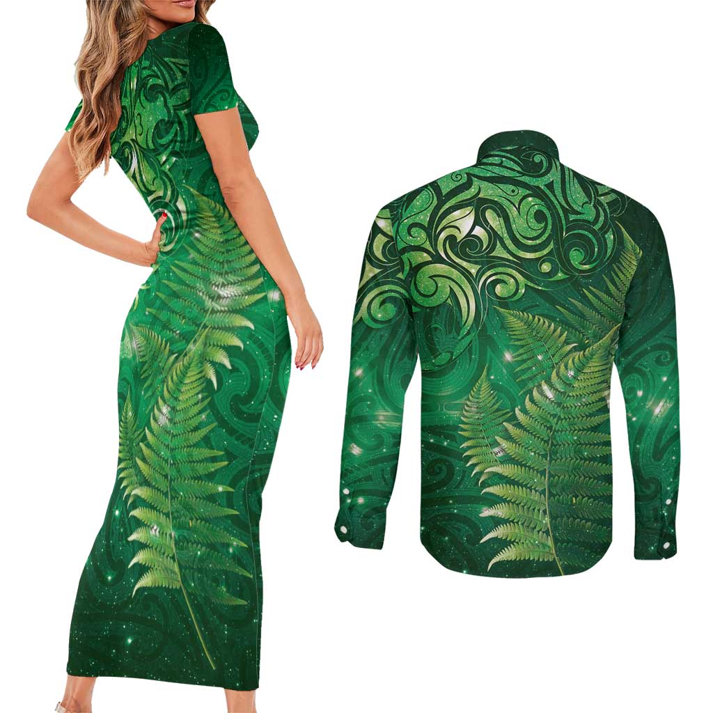 Matariki New Zealand Maori Silver Fern Couples Matching Short Sleeve Bodycon Dress and Long Sleeve Button Shirt Galaxy Green Sky Style