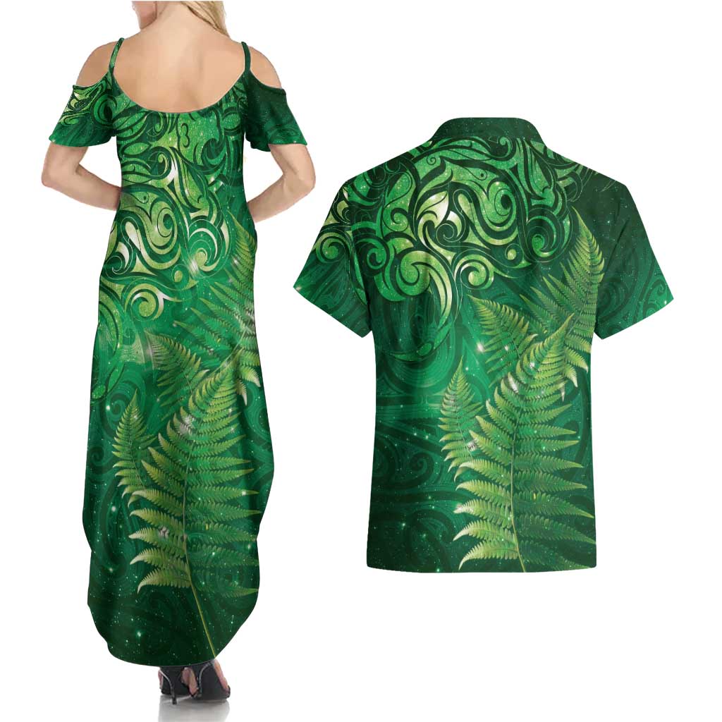 Matariki New Zealand Maori Silver Fern Couples Matching Summer Maxi Dress and Hawaiian Shirt Galaxy Green Sky Style