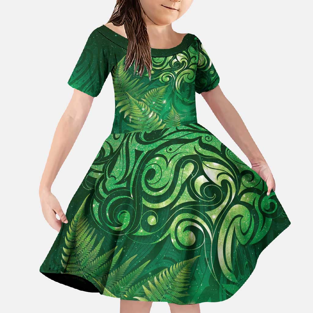 Matariki New Zealand Maori Silver Fern Family Matching Long Sleeve Bodycon Dress and Hawaiian Shirt Galaxy Green Sky Style LT03 Daughter's Dress Green - Polynesian Pride