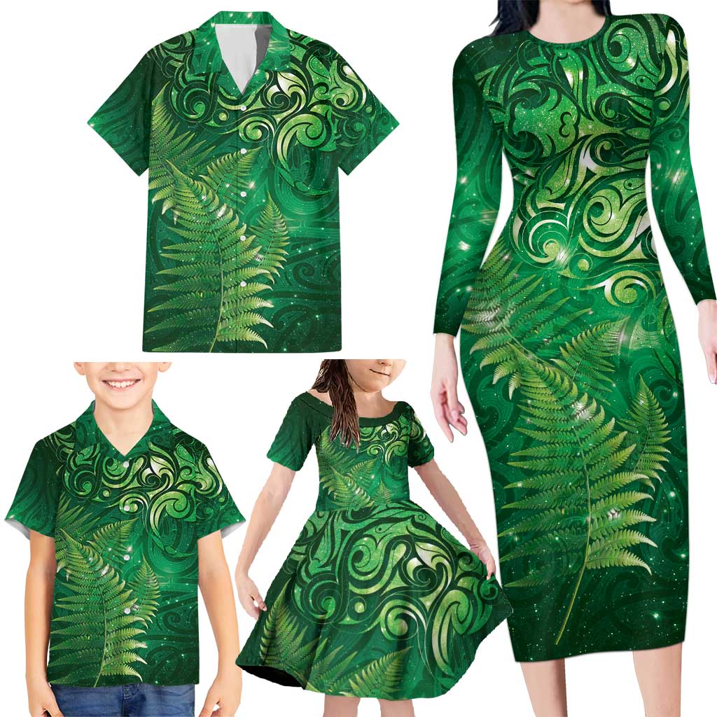 Matariki New Zealand Maori Silver Fern Family Matching Long Sleeve Bodycon Dress and Hawaiian Shirt Galaxy Green Sky Style LT03 - Polynesian Pride