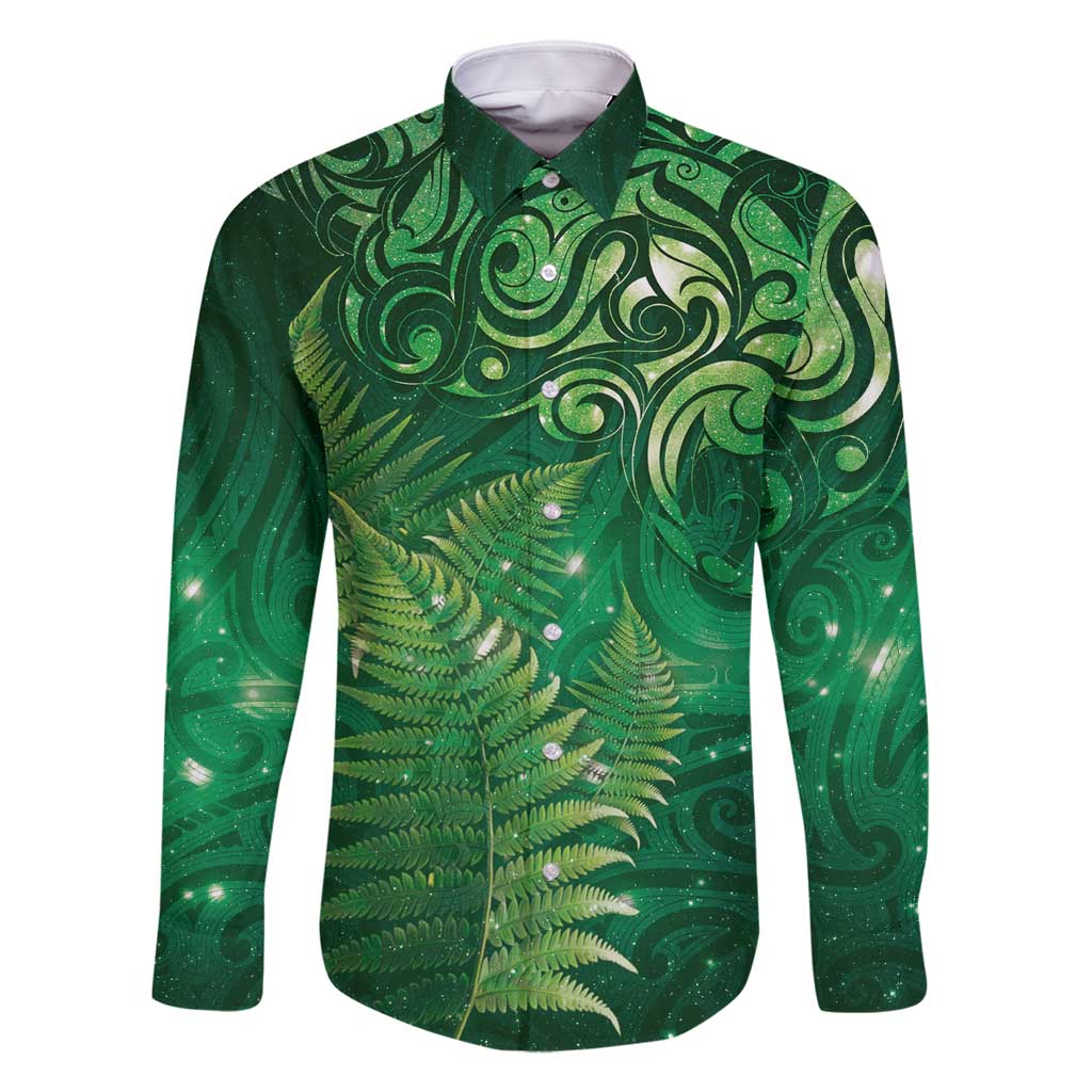 Matariki New Zealand Maori Silver Fern Family Matching Long Sleeve Bodycon Dress and Hawaiian Shirt Galaxy Green Sky Style LT03 Dad's Shirt - Long Sleeve Green - Polynesian Pride