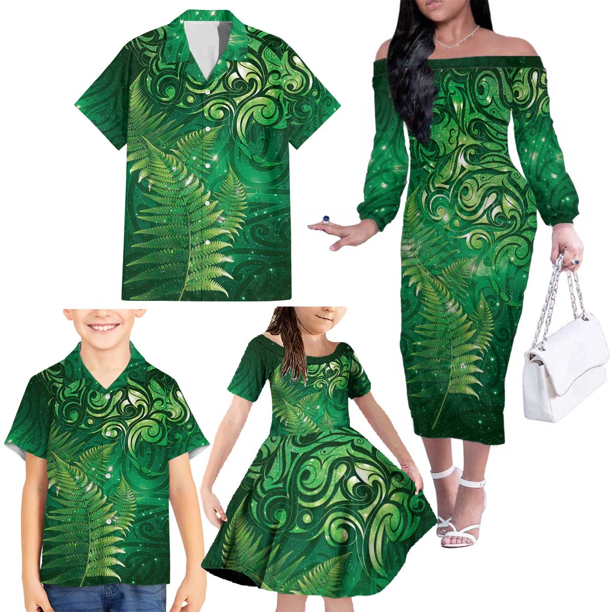 Matariki New Zealand Maori Silver Fern Family Matching Off The Shoulder Long Sleeve Dress and Hawaiian Shirt Galaxy Green Sky Style