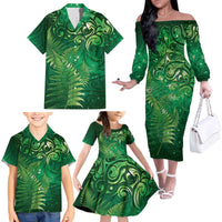 Matariki New Zealand Maori Silver Fern Family Matching Off The Shoulder Long Sleeve Dress and Hawaiian Shirt Galaxy Green Sky Style