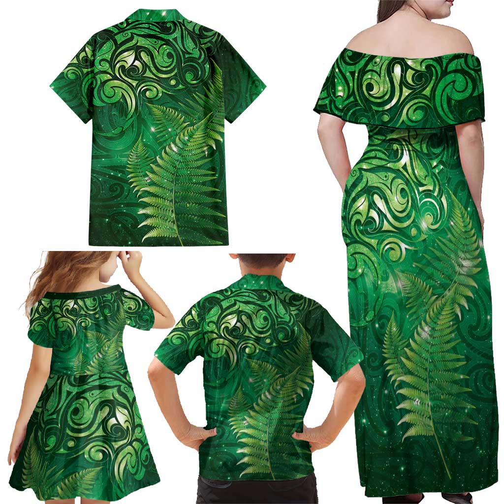 Matariki New Zealand Maori Silver Fern Family Matching Off Shoulder Maxi Dress and Hawaiian Shirt Galaxy Green Sky Style
